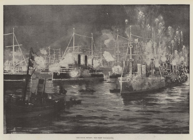 Naval Review, laivaston valaistu litho tekijältä Charles John de Lacy