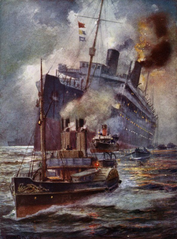 Torpedoitu linjavarustamo avustetaan satamaan. tekijältä Charles John de after Lacy