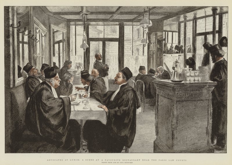 Asianajajat lounaalla, kohtaus suosikkiravintolassa lähellä Pariisin oikeustuomioistuinta (chromolitho) tekijältä Charles Paul Renouard