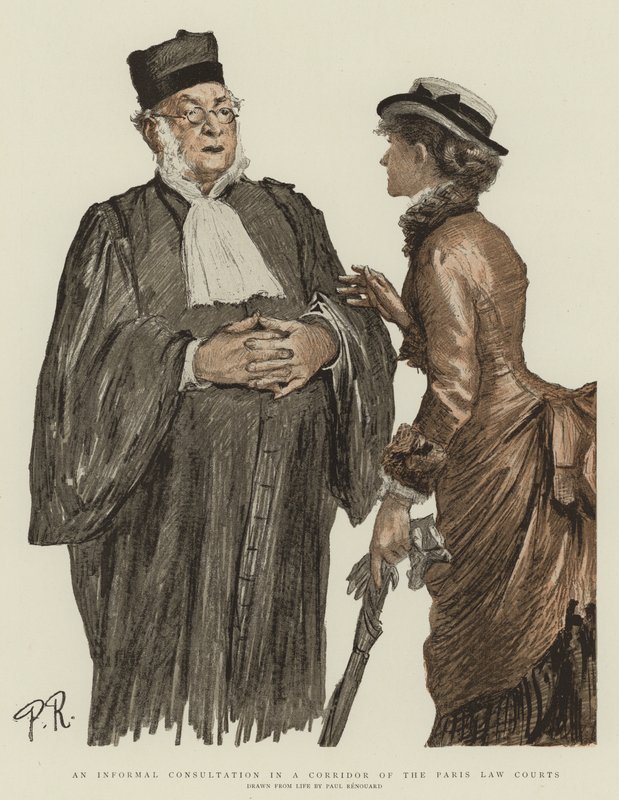 Epävirallinen kuuleminen Pariisin lakituomioistuinten käytävässä (chromolitho) tekijältä Charles Paul Renouard