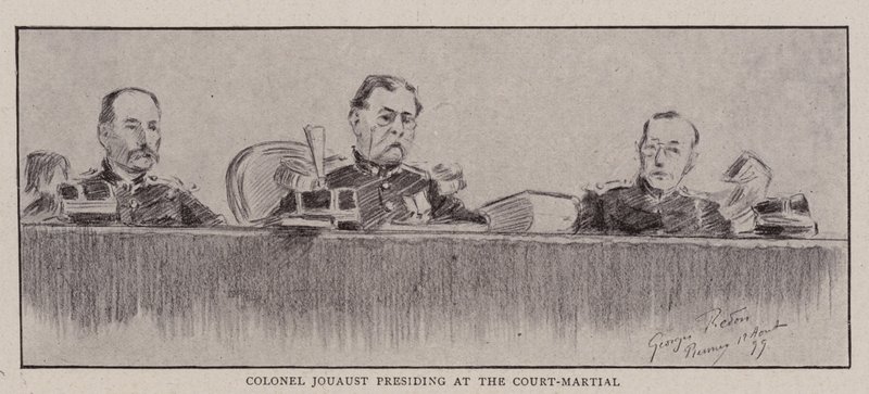 Eversti Jouaust sotatuomioistuimen puheenjohtajana tekijältä Charles Paul Renouard
