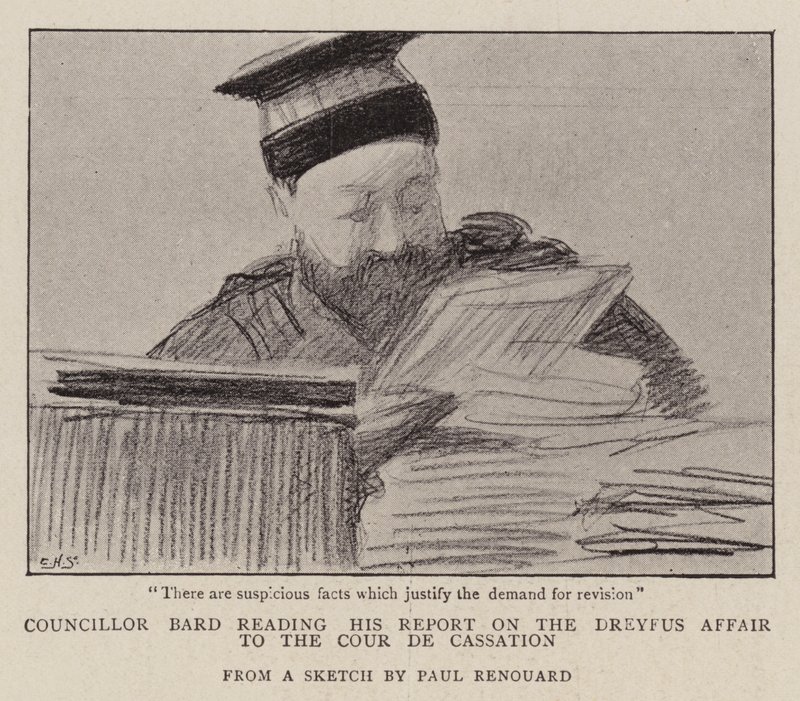 Valtuutettu Bard lukee raporttiaan Dreyfusin tapauksesta Cour de Cassationille tekijältä Charles Paul Renouard