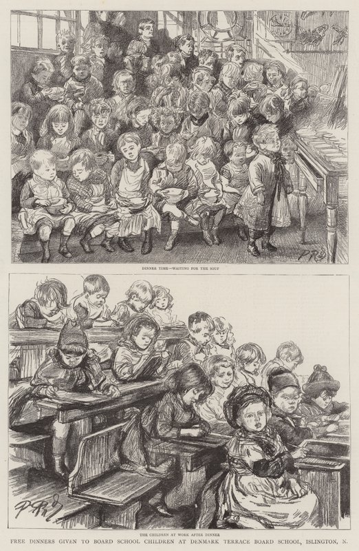 Ilmaiset päivälliset sisäoppilaitoksen lapsille Denmark Terrace Board Schoolissa, Islington, N tekijältä Charles Paul Renouard