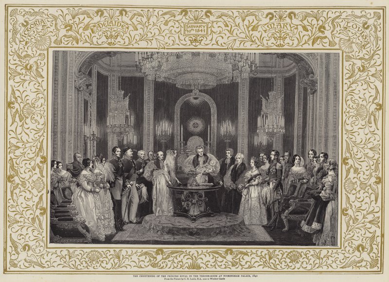 Kuninkaallisen prinsessan ristiäiset Buckinghamin palatsin valtaistuinsalissa vuonna 1841. tekijältä Charles Robert Leslie