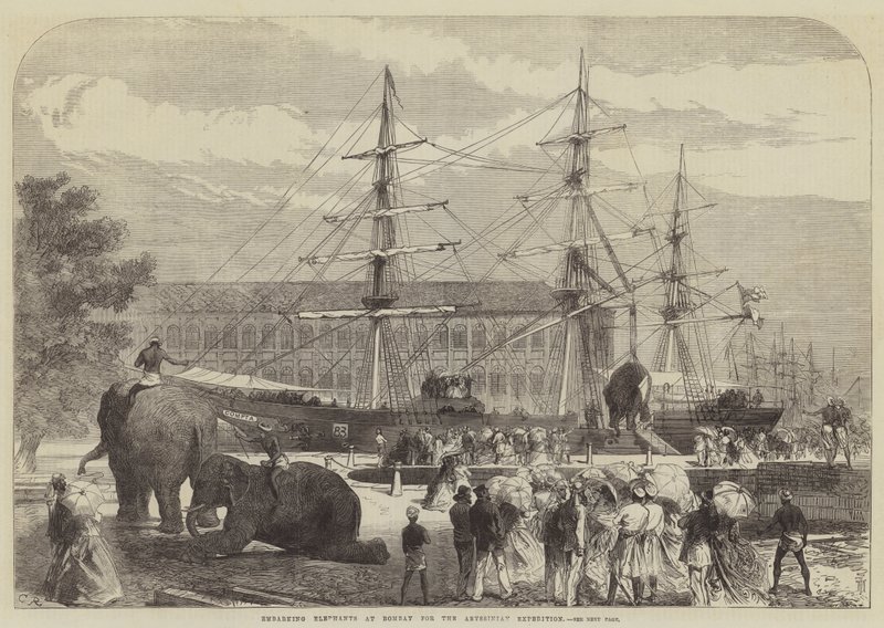 Elefanttien laivaaminen Bombayssa Abessinian retkikuntaa varten tekijältä Sir John Charles Robinson