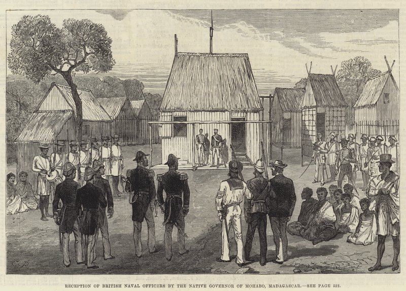 Madagaskarin Mohabon kuvernöörin vastaanotto brittiläisten laivaston upseerien toimesta tekijältä Sir John Charles Robinson