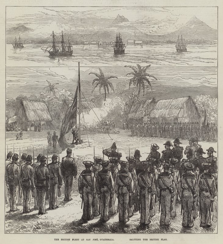 Britannian laivasto San Josessa Guatemalassa tervehtii Britannian lippua. tekijältä Sir John Charles Robinson