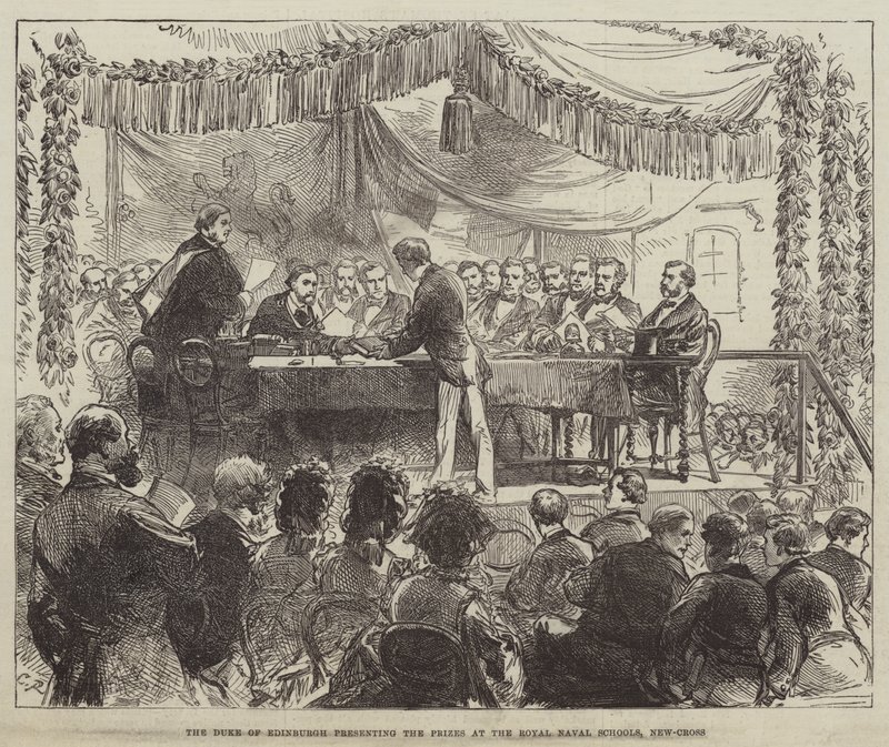 Edinburghin herttua jakamassa palkinnot Royal Naval Schoolsissa, New-Cross tekijältä Sir John Charles Robinson
