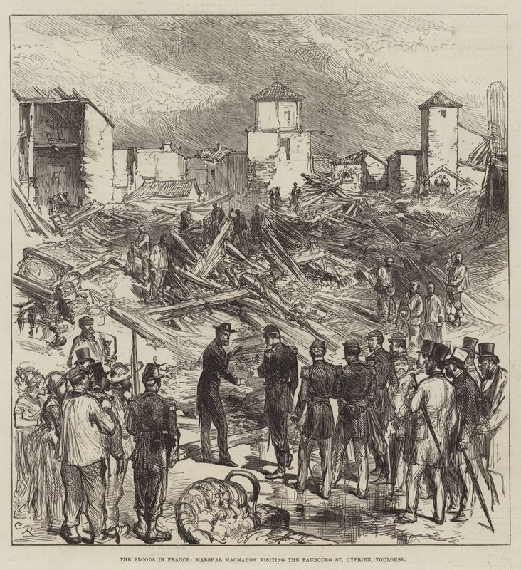 Tulvat Ranskassa, marsalkka Macmahon vierailemassa Faubourg St Cyprienissa Toulousessa tekijältä Sir John Charles Robinson