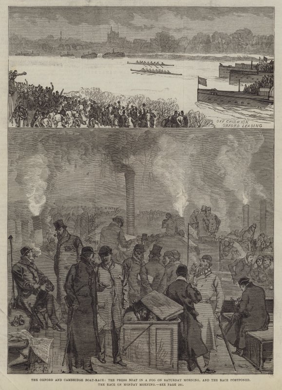 Oxfordin ja Cambridgen venekilpailu, Press Boat sumussa lauantaiaamuna ja kilpailu siirretty, kilpailu maanantaiaamuna tekijältä Sir John Charles Robinson