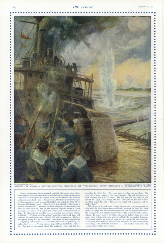 Merimiehiä brittiläisellä valvontalaivalla Belgian rannikon edustalla torjumassa pommia pudottavaa saksalaista taube-konetta, ensimmäinen maailmansota. tekijältä Charles William Wyllie