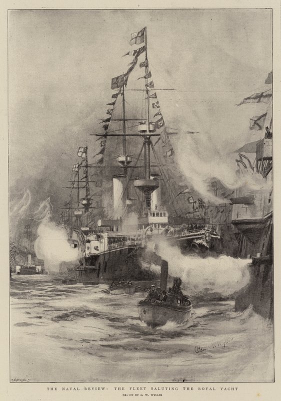 Naval Review, laivasto tervehtii kuninkaallista huvivenettä tekijältä Charles William Wyllie