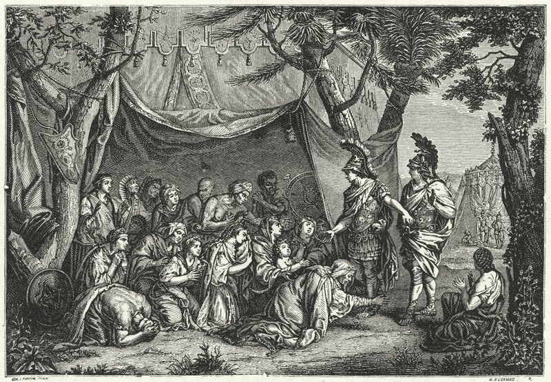 Persian kuningattaret Aleksanterin jaloissa (kaiverrus) tekijältä Charles (after) Le Brun