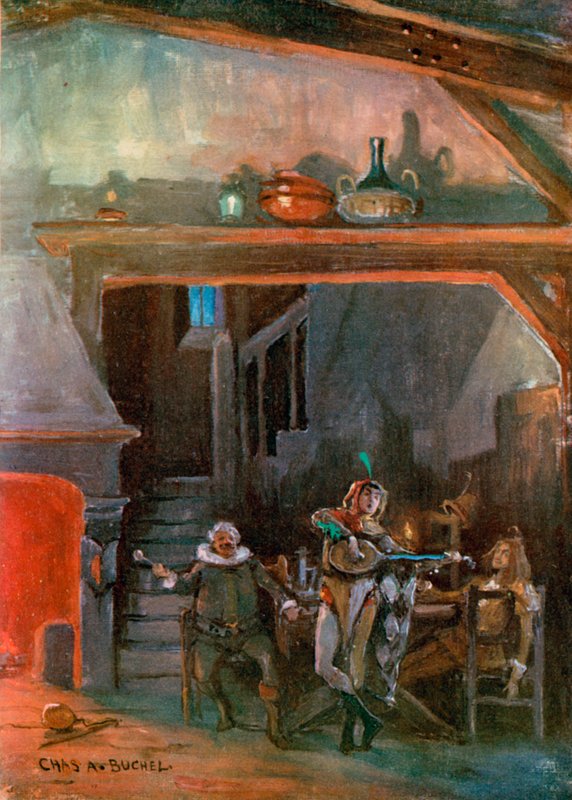 Kahdestoista yö: Keittiö Olivian talossa, kirjoittanut Joseph Harker (väri litho) tekijältä Charles A. Buchel