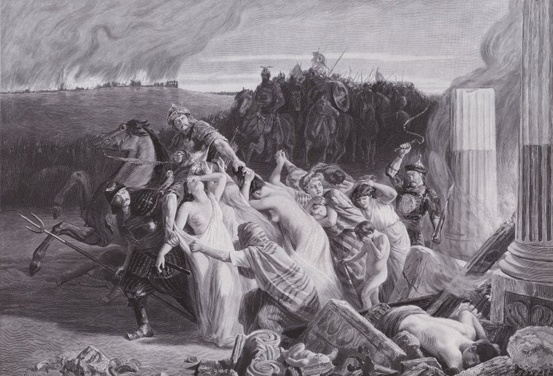 Hunien sieppaamat gallialaiset (litho) tekijältä Charles Alexandre Coessin de la Fosse