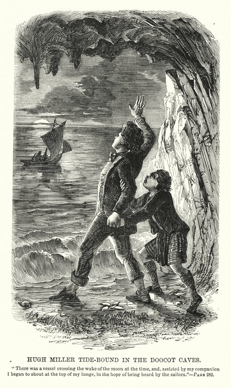 Hugh Miller vuoroveden kyydissä Doocotin luolissa (kaiverrus) tekijältä Charles Altamont Doyle