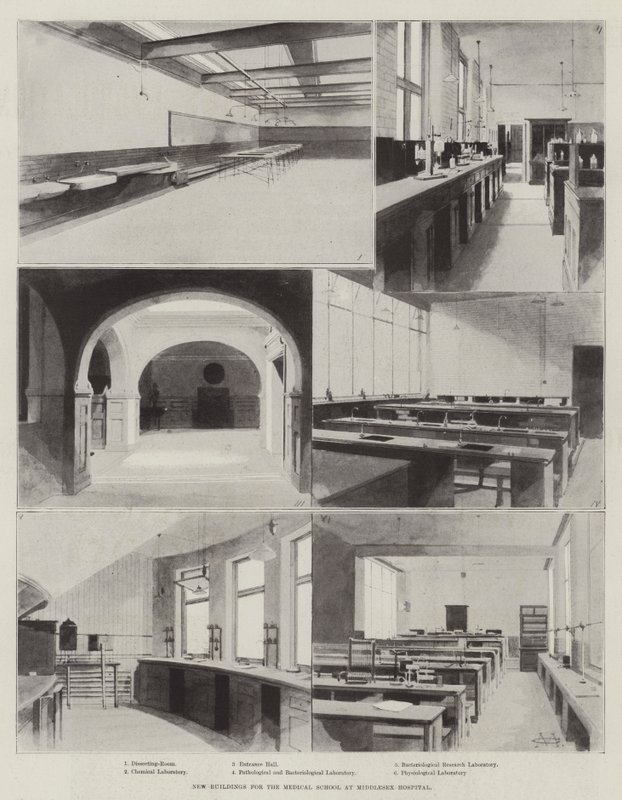 Uudet rakennukset Middlesexin sairaalan lääketieteelliselle koululle tekijältä Charles Auguste Loye