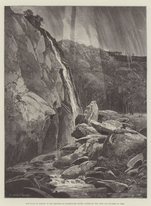 The Falls of Dargle, Powerscourt Housen pihapiirissä, jossa Yorkin herttua ja herttuatar vieraili tekijältä Charles Auguste Loye