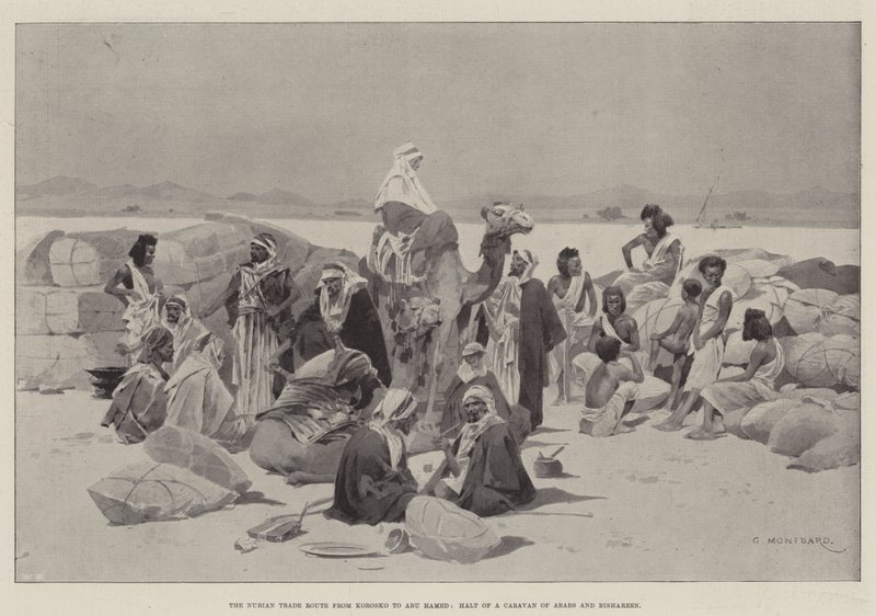 Nubian kauppareitti Koroskosta Abu Hamediin, arabien ja bishareenien karavaanin pysähdys tekijältä Charles Auguste Loye