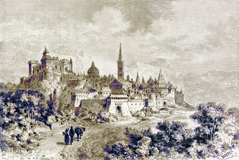 Näkymä Spoletosta, kuvitus Victor Duruyn teoksesta "History of Rome", julkaistu 1884 (digitaalisesti parannettu kuva). tekijältä Charles Barbant