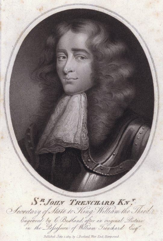 Sir John Trenchard, englantilainen poliitikko ja pohjoisen osaston valtiosihteeri kuningas William III:n alaisuudessa (kaiverrus) tekijältä Charles Bestland