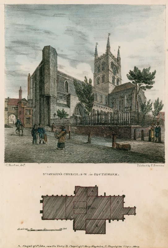 Pyhän Vapahtajan kirkko, Southwark, Surrey, luoteisnäkymä tekijältä Charles Burton