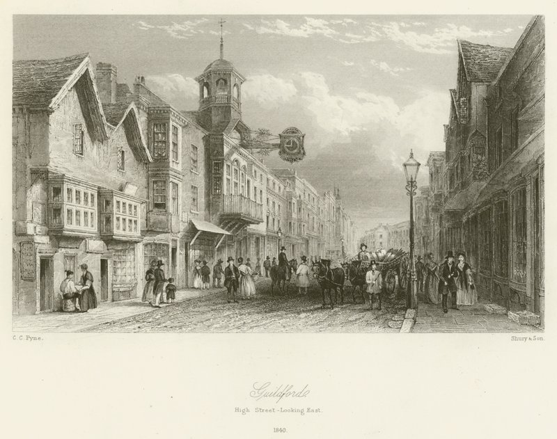 Guildford, High Street, katsot itään, 1840 tekijältä Charles Claude Pyne