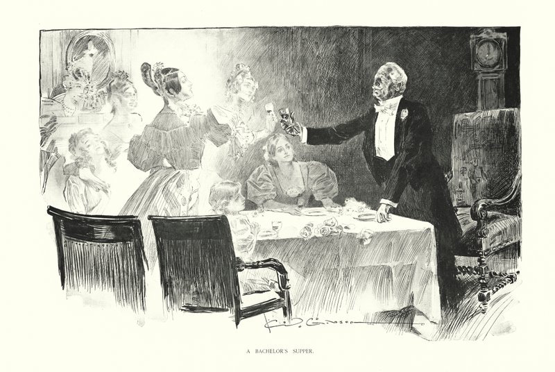 Poikamiehen ateria (litografia) tekijältä Charles Dana Gibson