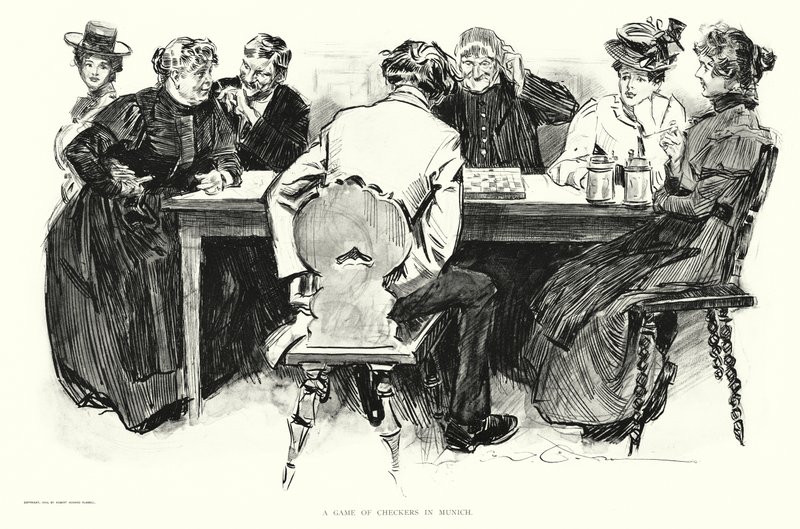 Tammipeli Münchenissä (litografia) tekijältä Charles Dana Gibson