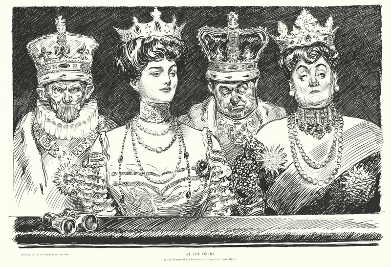Oopperassa, jos naiset kantavat kruunuja, mikseivät miehetkin (litografia) tekijältä Charles Dana Gibson