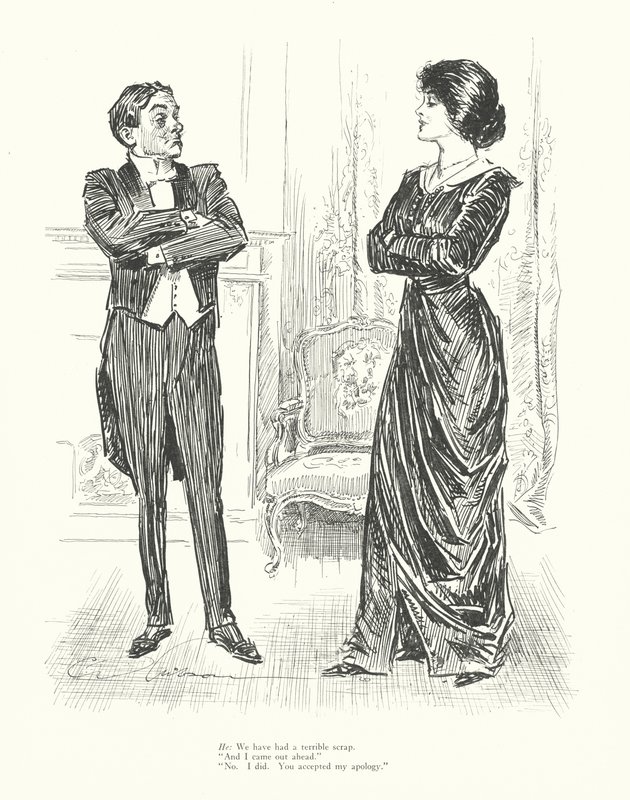Hän: Meillä on ollut kauhea riita. "Ja minä voitin." "Ei. Minä voitin. Hyväksyit anteeksipyyntöni." (litografia) tekijältä Charles Dana Gibson