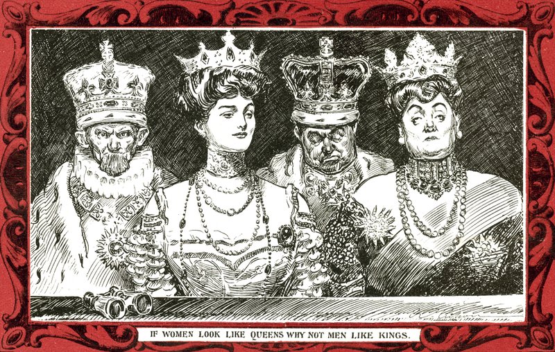 Jos naiset näyttävät kuningattareilta, miksi eivät miehet kuin kuninkaat (väri litho) tekijältä Charles Dana Gibson