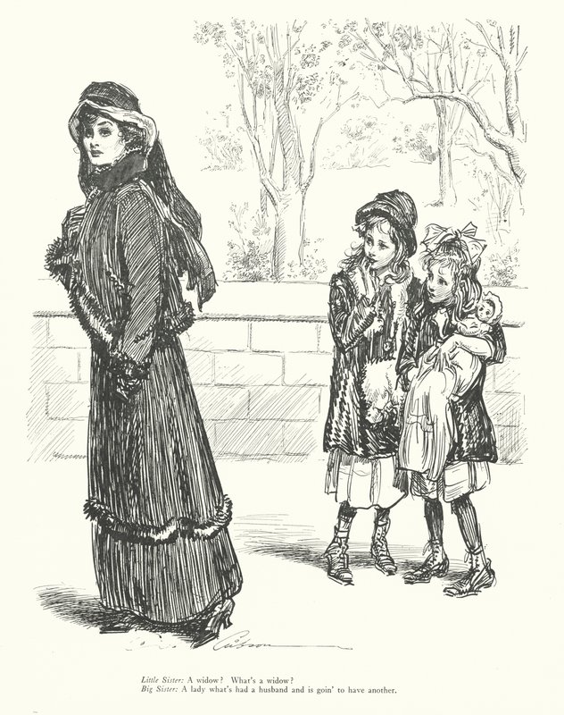 Pikkusisko: Leski Mikä on leski Isosisko: Leski: Nainen, jolla on ollut aviomies ja joka aikoo saada toisen (litho). tekijältä Charles Dana Gibson