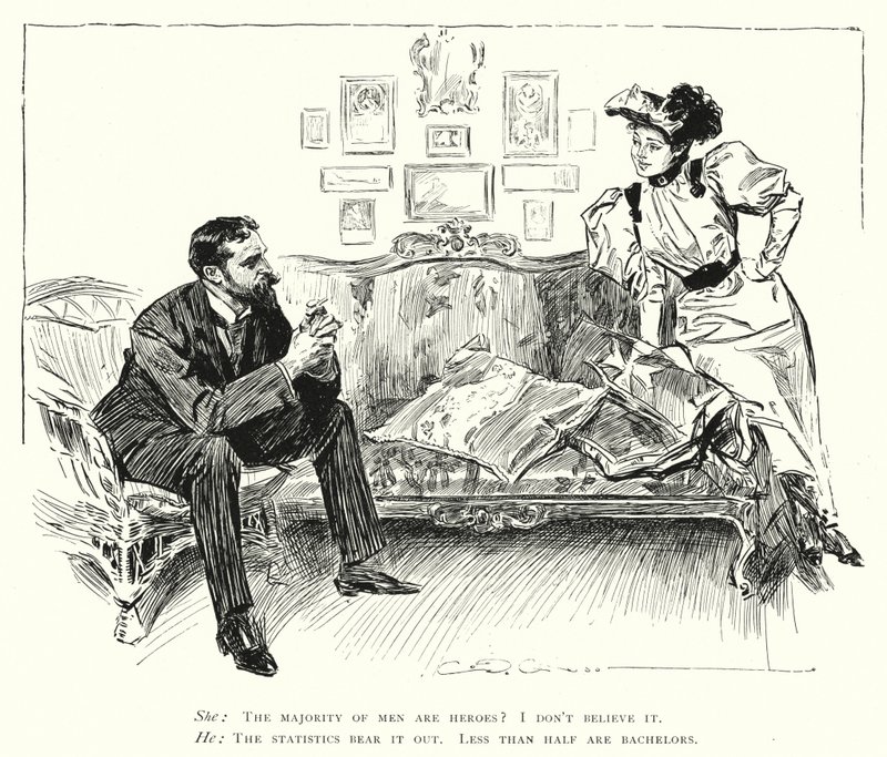 Miehet ovat sankareita - alle puolet poikamiehistä (litho) tekijältä Charles Dana Gibson