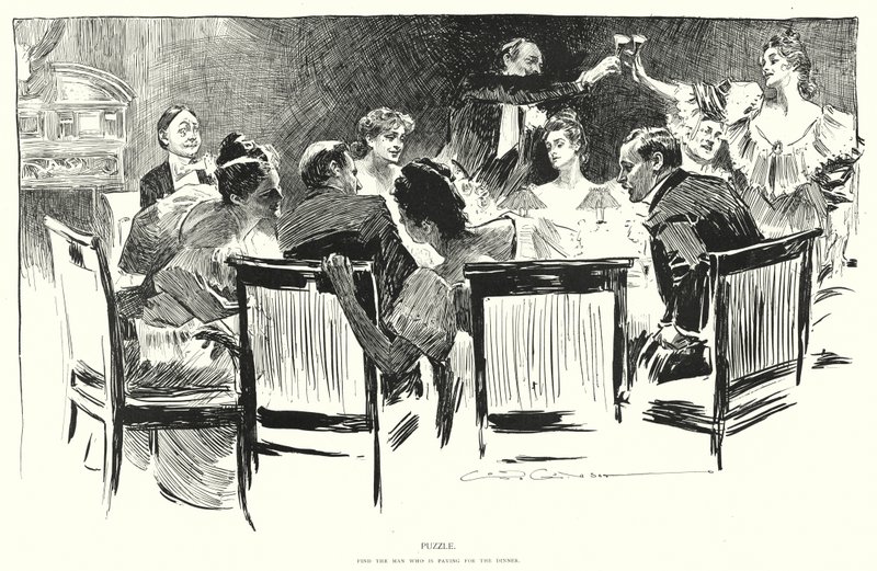 Palapeli, etsi mies, joka maksaa illallisen (litho) tekijältä Charles Dana Gibson