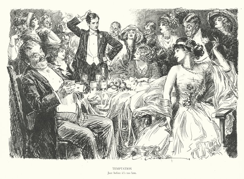 Kiusaus, juuri ennen kuin on liian myöhäistä (litografia) tekijältä Charles Dana Gibson