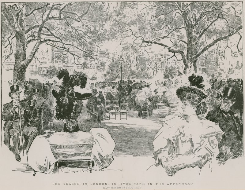 Kausi Lontoon Hyde Parkissa iltapäivällä (kaiverrus) tekijältä Charles Dana Gibson