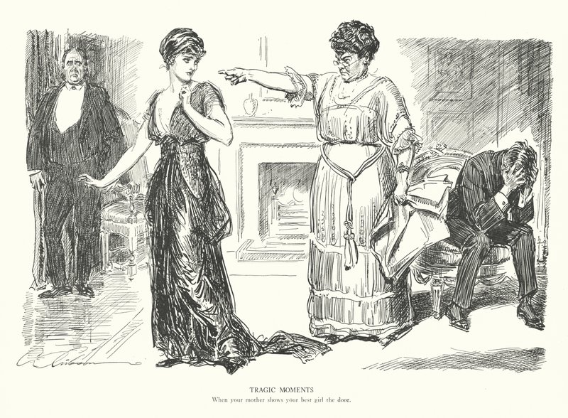 Traagiset hetket, Kun äiti näyttää parhaalle tytöllesi ovea (litografia) tekijältä Charles Dana Gibson