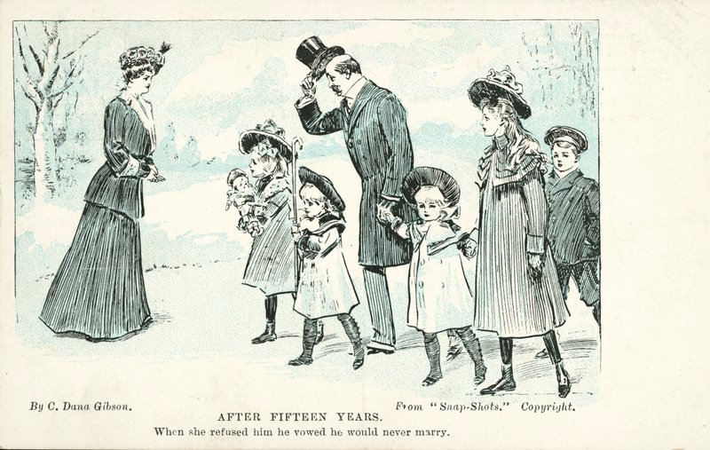 Nainen kohtaamassa miehen, josta hän kieltäytyi avioliitossa ja joka vannoi, ettei hän koskaan mene naimisiin (väri litho) tekijältä Charles Dana Gibson
