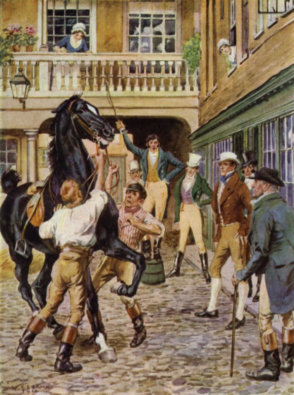 Kuvitus Jeffery Farnolin teokselle The Amateur Gentleman (värilitho) tekijältä Charles Edmund (after) Brock