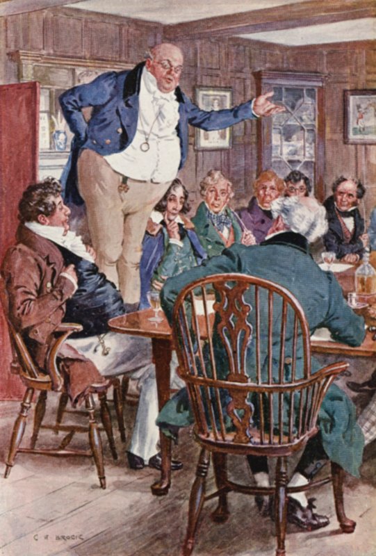 Charles Dickensin The Pickwick Papers -kirjan kuvitus (värilitografia). tekijältä Charles Edmund (after) Brock