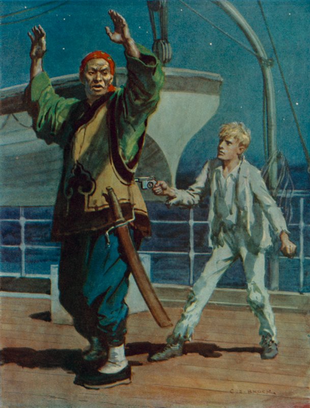 Poika pitelee kiinalaista merirosvoa aseella uhaten, kohtaus elokuvasta Hai Ping the Pirate (värilitografia). tekijältä Charles Edmund Brock