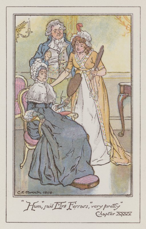 Jane Austenin kuvitus Sense and Sensibilitylle (värilitho) tekijältä Charles Edmund Brock