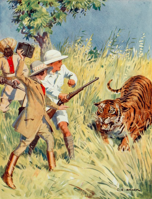 Tiikereiden metsästys Intiassa, kohtaus elokuvasta The Other Tiger (värilitho) tekijältä Charles Edmund Brock