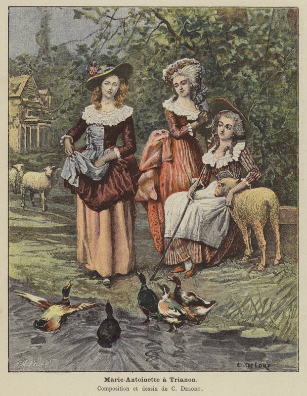 Marie Antoinette Trianonissa (värilitho) tekijältä Charles Edouard Delort