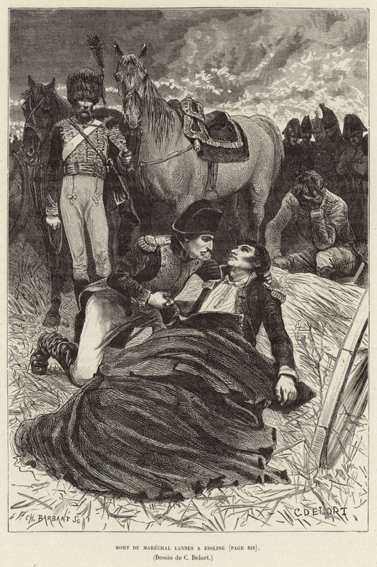 Mort du Marechal Lannes ja Essling; Napoleon ja kuoleva marsalkka Lannes Aspern-Esslingin taistelussa Itävallassa tekijältä Charles Edouard Delort