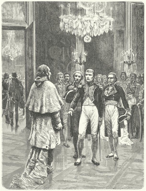 Napoleon vastaanottaa kardinaali Ercole Consalvin Tuileriesin palatsissa Pariisissa. tekijältä Charles Edouard Delort