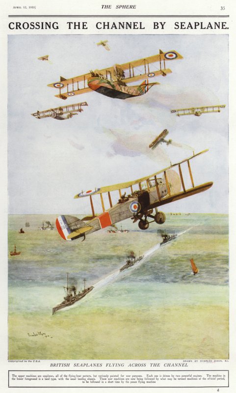 Brittiläiset vesilentokoneet lentävät Englannin kanaalin yli (värilitho) tekijältä Charles Edward (after) Dixon