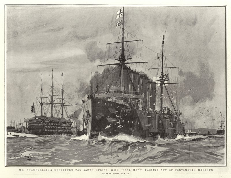 Mr Chamberlainin lähtö Etelä-Afrikkaan, H M S Good Hope poistumassa Portsmouthin satamasta tekijältä Charles Edward Dixon
