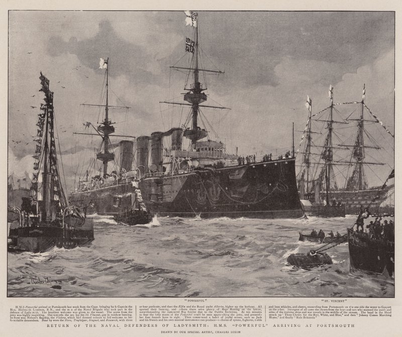 Ladysmithin merivoimien puolustajien paluu, HMS Powerful saapuu Portsmouthiin. tekijältä Charles Edward Dixon